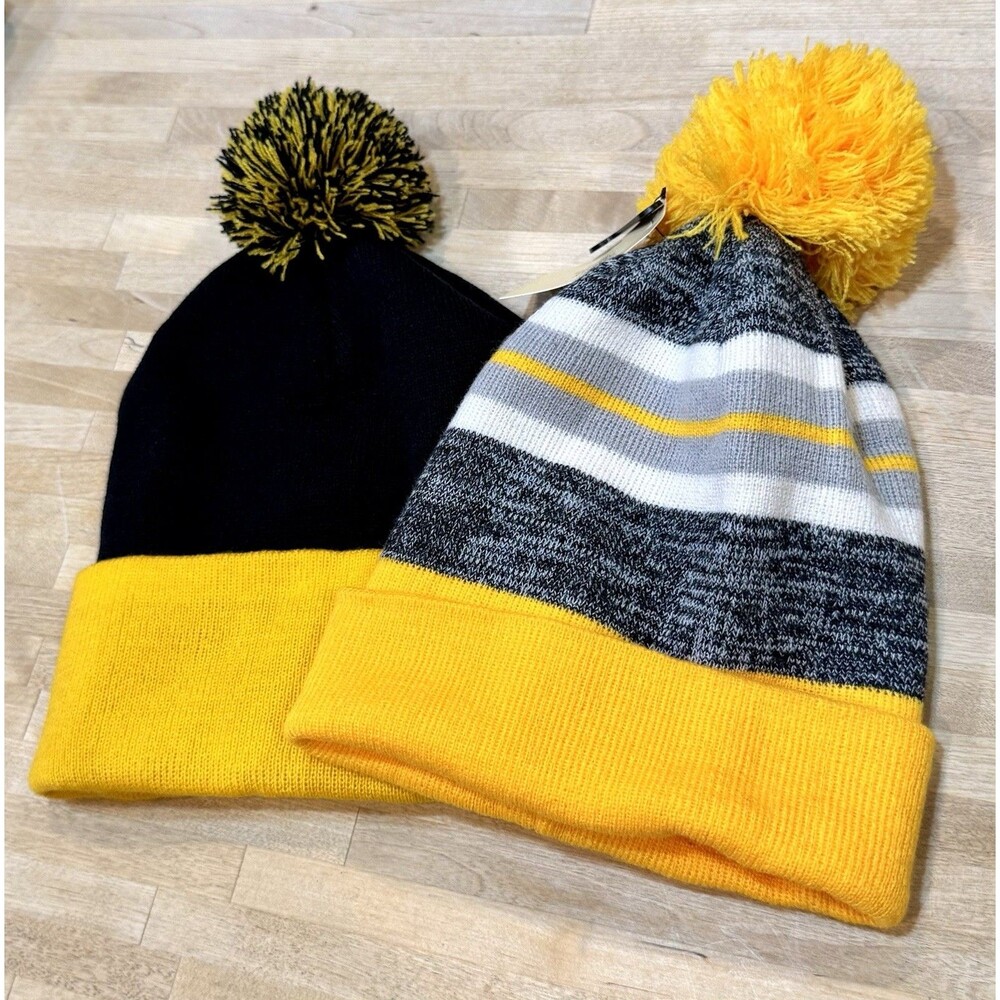Lot of 2 - Pom Pom Beanie Hats Assorted Colors Black Yellow Gray Stripe